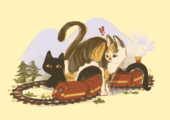 two cats and a model train