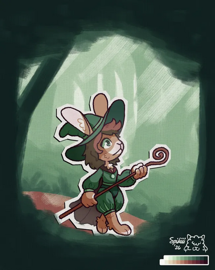 A drawing of an anthro rabbit wizard walking down a forest path. He's clutching a gnarled wooden staff with both hands and staring upwards with a slightly curious expression. He's wearing a little green (very wizardly) outfit: a giant floppy wizard hat, a shirt with poofy sleeves that cuff at the end, and shorts with the very classic fantasy split sections in them. Around his neck is a dark brown cape, which is closed with a little green amulet.