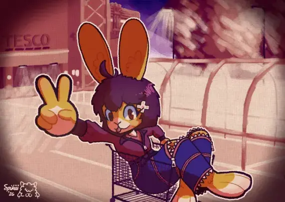 A drawing of an anthro rabbit person sitting in a shopping cart in a Tesco parking lot, making a peace sign at the camera and sticking their tongue out. They have golden fur, dark purple hair that's a bit scraggly, and BIG HONKIN' RABBIT EARS. They're wearing a purple jacket with a t-shirt underneath, blue pants with a ton of zippers (the ones on their knees are unzipped, revealing some shark teeth), and a cute little d-pad hair clip