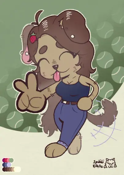 A drawing of an anthro puppygirl making a peace sign with her hand and sticking her tongue out cheerfully. She has tan fur, big floppy puppy ears, and neat brown hair that reaches down to her waist. She's wearing a cute little strawberry-shaped hairclip, a navy tank top, and a pair of jeans with a belt.