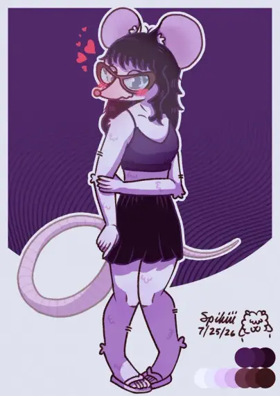 A drawing of an anthro mouse lady blushing and trying her hardest to maintain her composure because she's clearly gay as hell and just saw a cute lady and/or lady adjacent entity walking by (maybe viewing this piece??? who knows!). She's tall and skinny and has pinkish-white fur, a long pink tail, and shoulder-length black hair that's wavy and very tussled. She's wearing a pair of thick butterfly-framed purple glasses, a purple bralette, a black mini-skirt, and a pair of pink flip-flops.