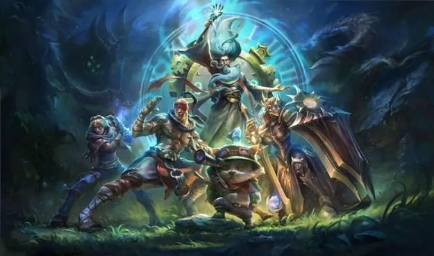 Key art for League of Legends Classic, showing a large group of Champions wielding weapons in a surreal blue environment