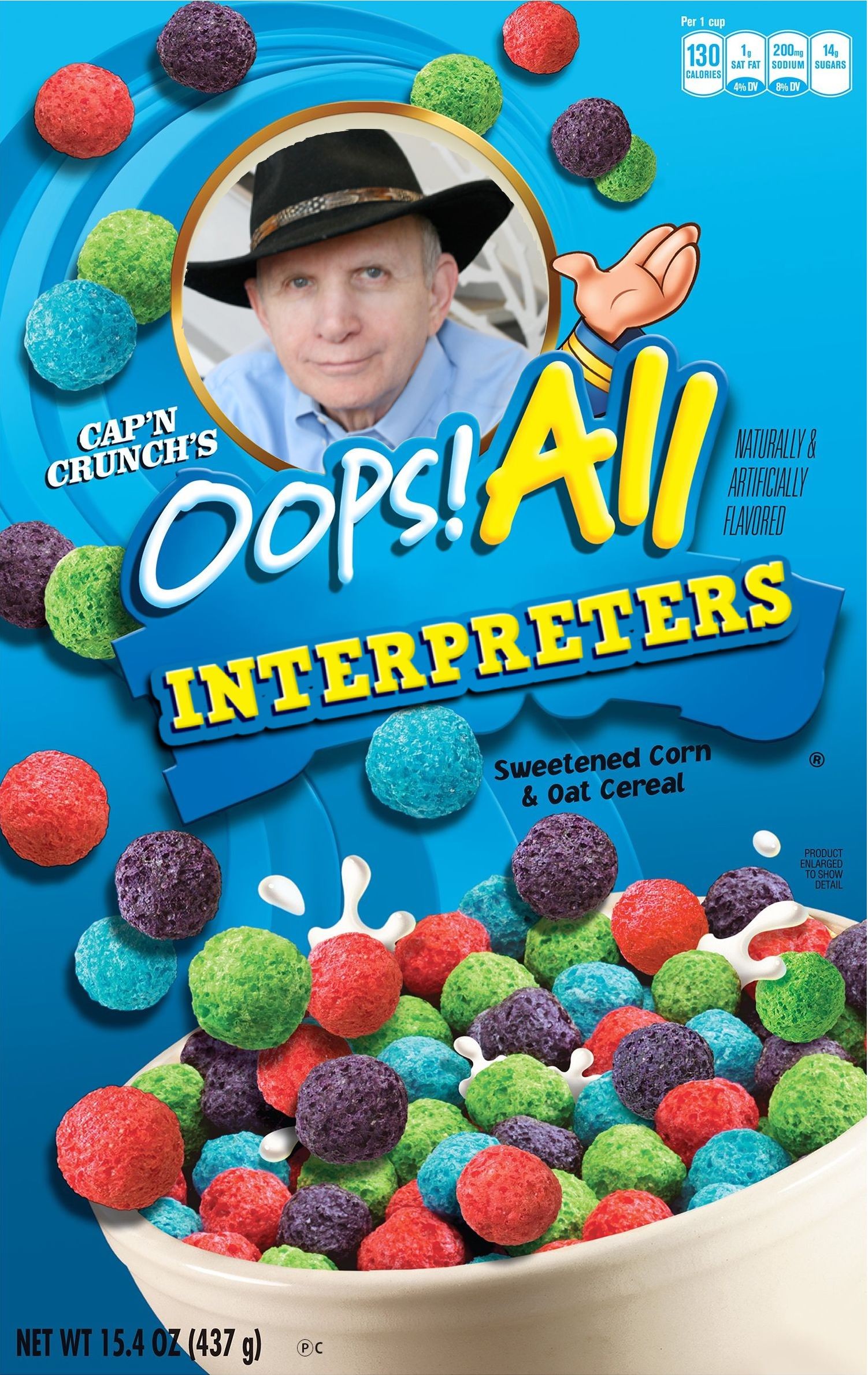 Oops! All Berries but it's Oops! All Interpreters with a picture of Dan Friedman instead of Cap'n Crunch
